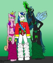Size: 816x978 | Tagged: safe, artist:baroquewolfe, princess cadance, queen chrysalis, shining armor, anthro, g4, assisted exposure, belly button, bra, breasts, briefs, cleavage, clothes, female, green underwear, magic, magic abuse, male, mind control, panties, pantsing, pink underwear, red underwear, stripped by magic, underwear, undressing