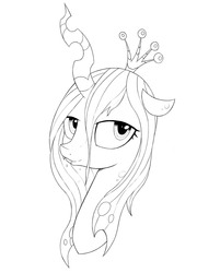 Size: 1146x1592 | Tagged: safe, artist:kas92, queen chrysalis, changeling, changeling queen, g4, crown, female, jewelry, lineart, monochrome, portrait, regalia, solo