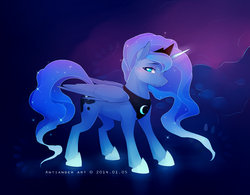 Size: 1181x919 | Tagged: dead source, safe, artist:antiander, princess luna, alicorn, pony, g4, ethereal mane, female, glowing horn, horn, looking at you, mare, solo, standing, starry mane
