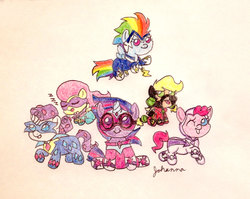 Size: 2337x1860 | Tagged: safe, artist:jothecatlover, applejack, fili-second, fluttershy, mistress marevelous, pinkie pie, radiance, rainbow dash, rarity, saddle rager, twilight sparkle, zapp, pony, g4, power ponies (episode), babity, baby, baby dash, baby pie, baby pony, babyjack, babylight sparkle, babyshy, clothes, costume, filly, foal, mane six, masked matter-horn costume, power ponies, traditional art, younger