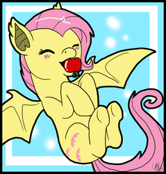 Size: 926x968 | Tagged: safe, artist:kiiwka, fluttershy, bat pony, pony, bats!, g4, apple, cute, female, flutterbat, mouth hold, race swap, solo