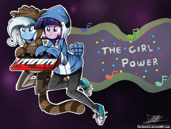 Size: 1102x834 | Tagged: safe, artist:the-butch-x, trixie, twilight sparkle, equestria girls, g4, clothes, converse, cosplay, costume, duo, keyboard, kigurumi, male, mordecai, mordecai and rigby, musical instrument, regular show, rigby (regular show), the power