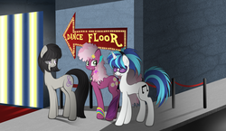 Size: 4721x2738 | Tagged: safe, artist:v-d-k, cheerilee, dj pon-3, octavia melody, vinyl scratch, g4, 80s, 80s cheerilee, nightclub