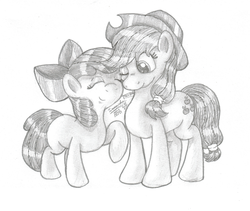 Size: 1024x865 | Tagged: safe, artist:inurantchan, apple bloom, applejack, earth pony, pony, g4, female, filly, mare, monochrome, sisters, traditional art
