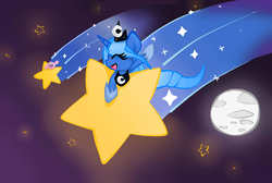 Size: 2000x1345 | Tagged: safe, artist:joyfulinsanity, princess luna, alicorn, pony, puffball, g4, crossover, eyes closed, female, kirby, kirby (series), male, mare, moon, open mouth, open smile, shooting star, smiling, sparkles, stars, tangible heavenly object