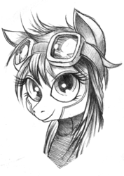 Size: 500x705 | Tagged: safe, artist:derp-my-life, rainbow dash, g4, bust, female, goggles, monochrome, portrait, smiling, solo, traditional art, wonderbolt trainee uniform, wonderbolts, wonderbolts uniform