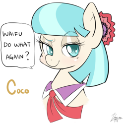 Size: 1000x1000 | Tagged: safe, artist:celine-artnsfw, coco pommel, earth pony, pony, g4, rarity takes manehattan, blushing, dialogue, dreamworks face, female, mare, simple background, smiling, solo, transparent background, waifu