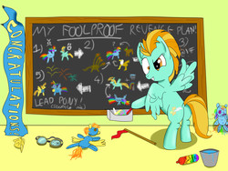 Size: 1600x1200 | Tagged: safe, artist:melonhunter, lightning dust, rainbow dash, spitfire, griffon, hydra, pegasus, pony, g4, badge, broken dreams, butt, censored, censored vulgarity, chalk, chalkboard, crazy face, doll, drawing, dye, faic, feathers crossed, female, goggles, hair dye, implied gilda, implied murder, insanity, mare, messy mane, messy tail, messy wings, multiple heads, new rainbow dash, plot, revenge, solo, strategically covered, tail, this will not end well, toy, twitching, yandere