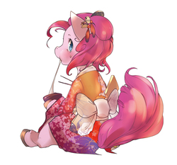 Size: 1448x1352 | Tagged: safe, artist:kolgha, pinkie pie, earth pony, semi-anthro, g4, alternate hairstyle, eating, female, hooves, japanese new yearsitting, kimono (clothing), mochi, pixiv, simple background, solo