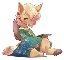 Size: 1448x1352 | Tagged: safe, artist:kolgha, applejack, earth pony, semi-anthro, g4, clothes, female, hooves, kimono (clothing), pixiv, sake, simple background, sitting, solo