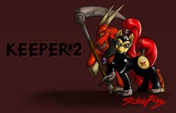 Size: 1280x820 | Tagged: safe, artist:zolah, oc, earth pony, pony, claws, dark mistress, dungeon keeper 2, horned reaper, metal claws, ponified, scythe