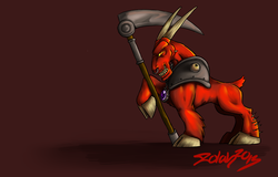 Size: 1405x900 | Tagged: safe, artist:zolah, pony, dungeon keeper, horned reaper, ponified, scythe, solo