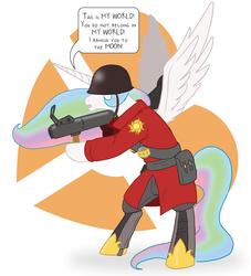 Size: 1000x1100 | Tagged: safe, artist:professor-ponyarity, princess celestia, pony, g4, bipedal, crossover, female, soldier, soldier (tf2), solo, team fortress 2