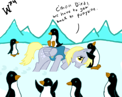 Size: 720x576 | Tagged: safe, artist:wolferahm, derpy hooves, bird, pegasus, penguin, pony, g4, winter wrap up, antarctica, background pony, clothes, female, mare, mountain, north pole, snow, solo, vest, weather team, went north to get the southern birds, winter wrap up vest
