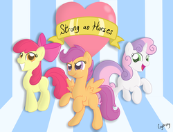 Size: 3219x2448 | Tagged: safe, artist:thebrokencog, apple bloom, scootaloo, sweetie belle, g4, cutie mark crusaders, hearts as strong as horses