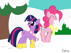 Size: 2592x1936 | Tagged: safe, artist:thebrokencog, pinkie pie, twilight sparkle, g4, boots, clothes, scarf