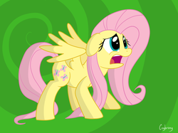 Size: 2592x1936 | Tagged: safe, artist:thebrokencog, fluttershy, pegasus, pony, g4, abstract background, female, green background, high res, lime background, mare, open mouth, scared, solo, spread wings, standing, wings