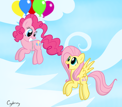 Size: 2211x1936 | Tagged: dead source, safe, artist:thebrokencog, fluttershy, pinkie pie, earth pony, pegasus, pony, g4, balloon, female, lesbian, ship:flutterpie, then watch her balloons lift her up to the sky