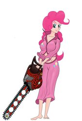 Size: 735x1086 | Tagged: safe, artist:ryouga1100, pinkie pie, human, g4, barefoot, breasts, busty pinkie pie, chainsaw, clothes, dan vs, fanfic, feet, female, humanized, light skin, midriff, pajamas, smiling, solo, the wheel and the butterfly saga
