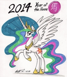 Size: 1280x1466 | Tagged: safe, artist:newyorkx3, princess celestia, g4, 2014, female, solo, traditional art, year of the horse, year of the pony