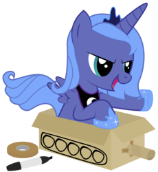 Size: 3767x4092 | Tagged: safe, artist:replaymasteroftime, princess luna, alicorn, pony, g4, box tank, cardboard box, crown, cute, drive me closer, female, filly, jewelry, lunabetes, regalia, simple background, solo, tank (vehicle), transparent background, woona