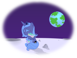 Size: 10834x8154 | Tagged: safe, artist:replaymasteroftime, princess celestia, princess luna, g4, absurd resolution, crying, doll, eyes closed, female, filly, frown, hug, moon, planet, s1 luna, sitting, solo, woona