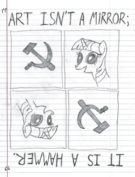 Size: 2168x2840 | Tagged: safe, artist:horselover fat, twilight sparkle, g4, female, hammer and sickle, monochrome, solo, text, traditional art