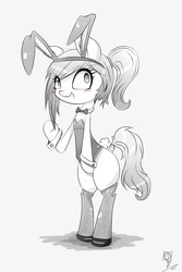 Size: 1333x2000 | Tagged: safe, artist:burnoid096, oc, oc only, pony, bipedal, blushing, bunny ears, bunny suit, clothes, female, fishnet stockings, leotard, monochrome, playboy bunny, solo