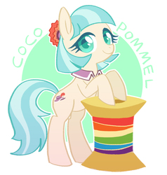 Size: 670x704 | Tagged: safe, artist:qpqp, coco pommel, earth pony, pony, g4, rarity takes manehattan, abstract background, circle background, cocobetes, colored pupils, cute, female, mare, rainbow thread, solo