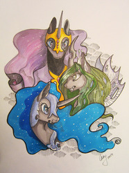 Size: 1280x1720 | Tagged: safe, artist:casynuf, nightmare moon, nightmare rarity, queen chrysalis, alicorn, changeling, changeling queen, pony, unicorn, g4, crown, duality, ethereal mane, fangs, female, helmet, jewelry, regalia, traditional art