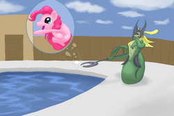 Size: 1040x693 | Tagged: safe, artist:stillwaterspony, pinkie pie, merpony, pony, g4, league of legends, nami (league of legends), ponified, swimming pool