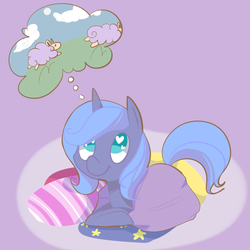 Size: 1000x1000 | Tagged: safe, artist:pegacornss, princess luna, sheep, g4, :t, blanket, counting sheep, cute, female, heart eyes, looking up, lunabetes, pillow, prone, smiling, solo, thought bubble, wingding eyes