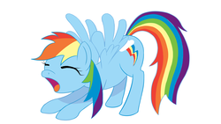 Size: 1600x900 | Tagged: safe, artist:heliki, artist:sokolas, rainbow dash, g4, eyes closed, female, open mouth, simple background, solo, spread wings, standing, stretching, white background, yawn