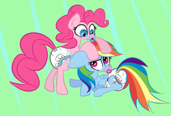 Size: 1280x866 | Tagged: safe, artist:skitter, pinkie pie, rainbow dash, pegasus, pony, g4, adult foal, diaper, diaper fetish, diapered, female, mare, non-baby in diaper, pacifier, poofy diaper