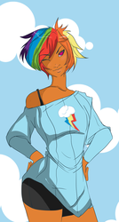 Size: 1693x3157 | Tagged: safe, artist:xdestinystudios, rainbow dash, human, g4, clothes, compression shorts, dark skin, female, humanized, off shoulder, solo, wink