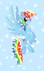 Size: 1233x2000 | Tagged: safe, artist:freedomfly, rainbow dash, pegasus, pony, g4, female, flying, looking at you, mare, smiling, snow, snowfall, solo, spread wings, wings, winter