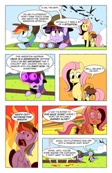 Size: 1280x1978 | Tagged: safe, artist:karzahnii, fluttershy, rainbow dash, spike, twilight sparkle, whimsey weatherbe, g3, g3.5, g4, apron, binoculars, clothes, comic, g3.5 to g4, generation leap, observer, tales from ponyville