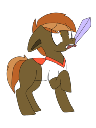 Size: 1024x1365 | Tagged: safe, artist:sissysonikku, button mash, earth pony, pony, don't mine at night, g4, blank flank, colt, floppy ears, foal, hat, hooves, male, mouth hold, propeller hat, raised hoof, simple background, solo, sword, teeth, transparent background