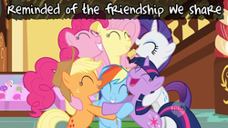 Size: 1280x720 | Tagged: safe, artist:redrovershideaway, edit, edited screencap, screencap, applejack, fluttershy, pinkie pie, rainbow dash, rarity, twilight sparkle, g4, friendship is still magic, group hug, heartwarming, hub logo, hug, mane six, text