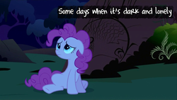 Size: 1920x1080 | Tagged: safe, edit, pinkie pie, g4, female, friendship is still magic, heartwarming, night, sad, solo, text