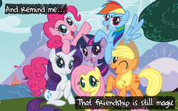 Size: 1600x1000 | Tagged: safe, artist:redrovershideaway, edit, applejack, fluttershy, pinkie pie, rainbow dash, rarity, twilight sparkle, g4, friendship is still magic, heartwarming, mane six, text