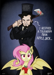 Size: 1386x1919 | Tagged: safe, artist:wolfjedisamuel, fluttershy, bat pony, pony, bats!, g4, abraham lincoln, abraham lincoln: vampire hunter, abuse, apple, axe, crossover, cutie mark, flutterbat, flutterbuse, hat, race swap, raised eyebrow, this will end in death, this will end in tears, this will end in tears and/or death