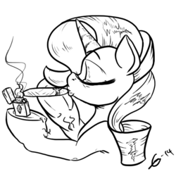 Size: 648x648 | Tagged: safe, artist:gavalanche, rarity, g4, cigar, female, lighter, lineart, monochrome, smoking, solo