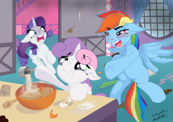 Size: 1280x905 | Tagged: safe, artist:gavalanche, rainbow dash, rarity, sweetie belle, pegasus, pony, unicorn, g4, belly button, blushing, cooking, crying, dashaholic, drunk, drunker dash, feather, implied scootabuse, this will end in fire, this will end in tears and/or breakfast