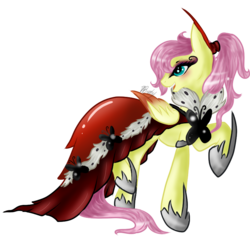 Size: 800x800 | Tagged: safe, artist:evehly, fluttershy, pegasus, pony, g4, clothes, colored horn, curved horn, disembodied horn, dress, female, horn, mare, queen fluttershy, severed horn, solo, sombra's horn