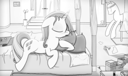 Size: 2440x1440 | Tagged: safe, artist:regolithx, rarity, pony, g4, rarity takes manehattan, bed, female, grayscale, mannequin, monochrome, sleeping, solo