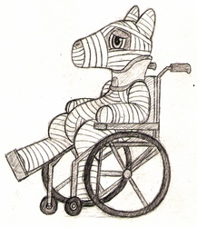 Size: 866x997 | Tagged: safe, artist:wingcommanderrudoji, oc, oc only, oc:contrail, bandage, body cast, injured, medical bondage, monochrome, neck brace, solo, traditional art, wheelchair