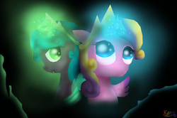 Size: 1024x678 | Tagged: safe, artist:phinbella02, princess skyla, oc, oc:princess larva, alicorn, changeling, changeling queen, hybrid, nymph, pony, g4, changeling queen oc, female, filly, foal, half-siblings, interspecies offspring, offspring, parent:queen chrysalis, parent:shining armor, parents:shining chrysalis, siblings, sisters