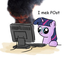 Size: 362x336 | Tagged: safe, artist:king-kakapo, artist:pureinsanity, edit, twilight sparkle, pony, unicorn, g4, :t, comic sans, computer, derp, derplight sparkle, explosion, female, fire, hey you, i mek post, keyboard, mare, monitor, on fire, reaction image, simple background, smiling, smoke, solo, unicorn twilight, wat, white background, wrong eye color