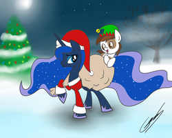 Size: 2500x2000 | Tagged: safe, artist:gearholder, pipsqueak, princess luna, g4, christmas tree, clothes, female, hat, male, santa costume, santa hat, ship:lunapip, shipping, snow, straight, tree